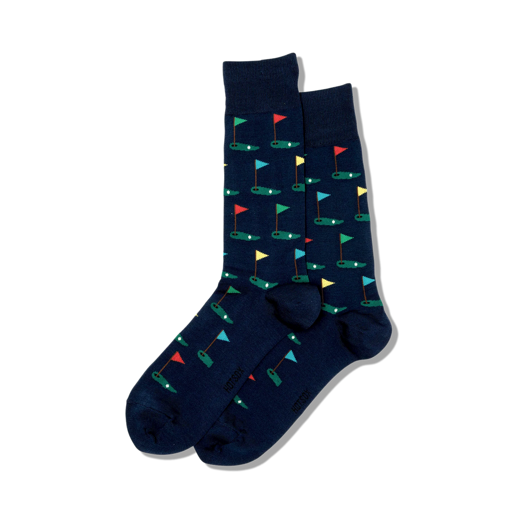 Navy blue socks with colorful flag pattern on a white background