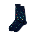 Navy blue socks with colorful flag pattern on a white background