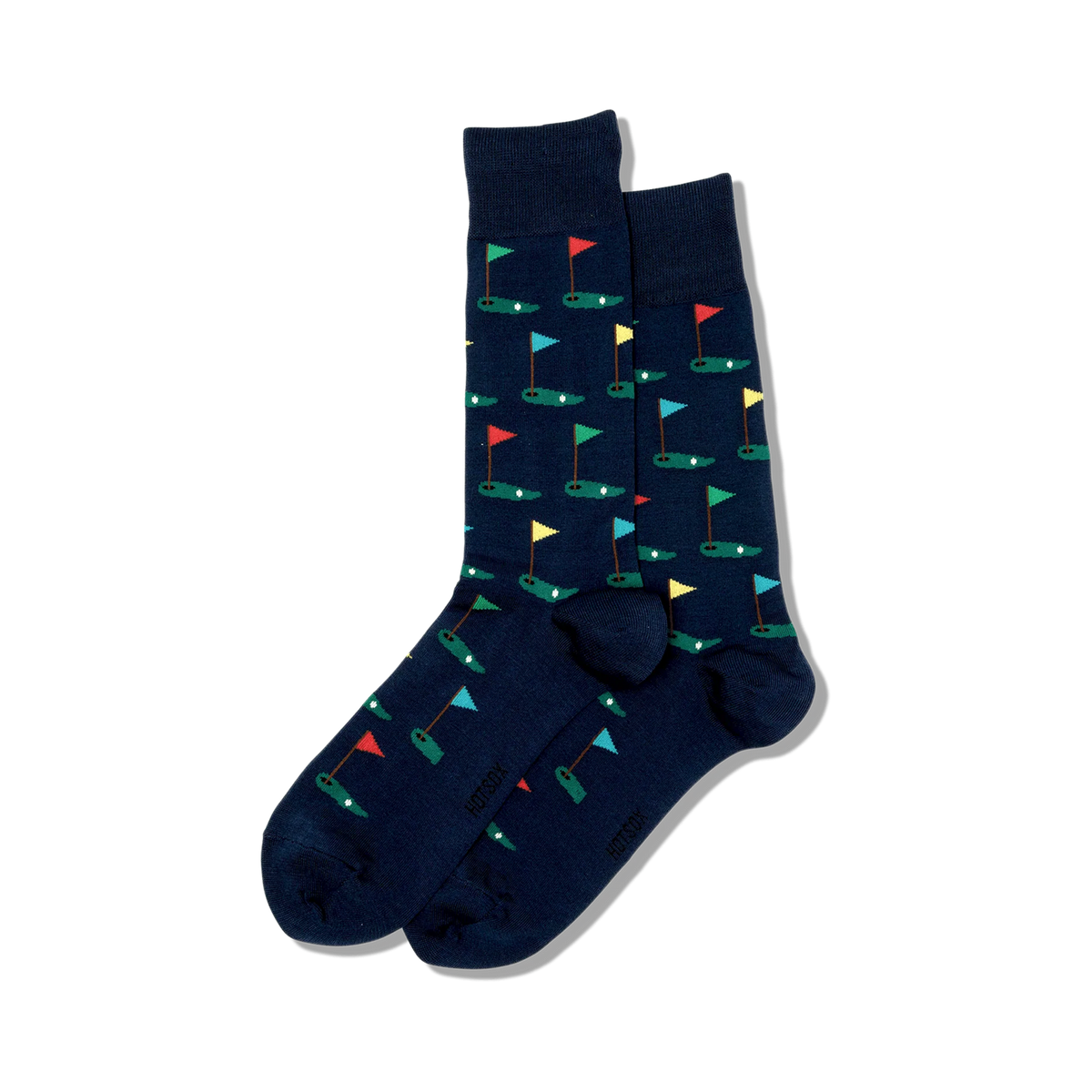 Navy blue socks with colorful flag pattern on a white background