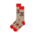 Beige socks with red accents and black and red logo on a white background