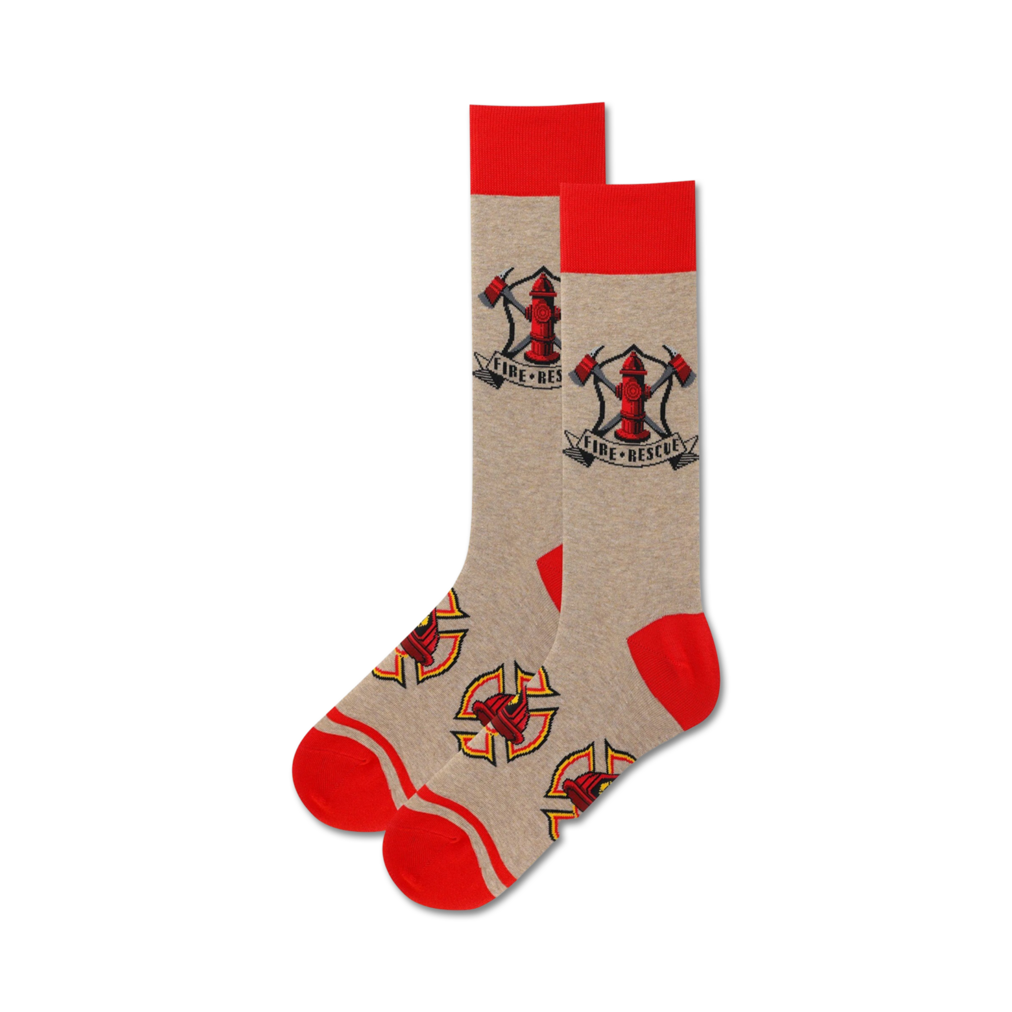 Beige socks with red accents and black and red logo on a white background