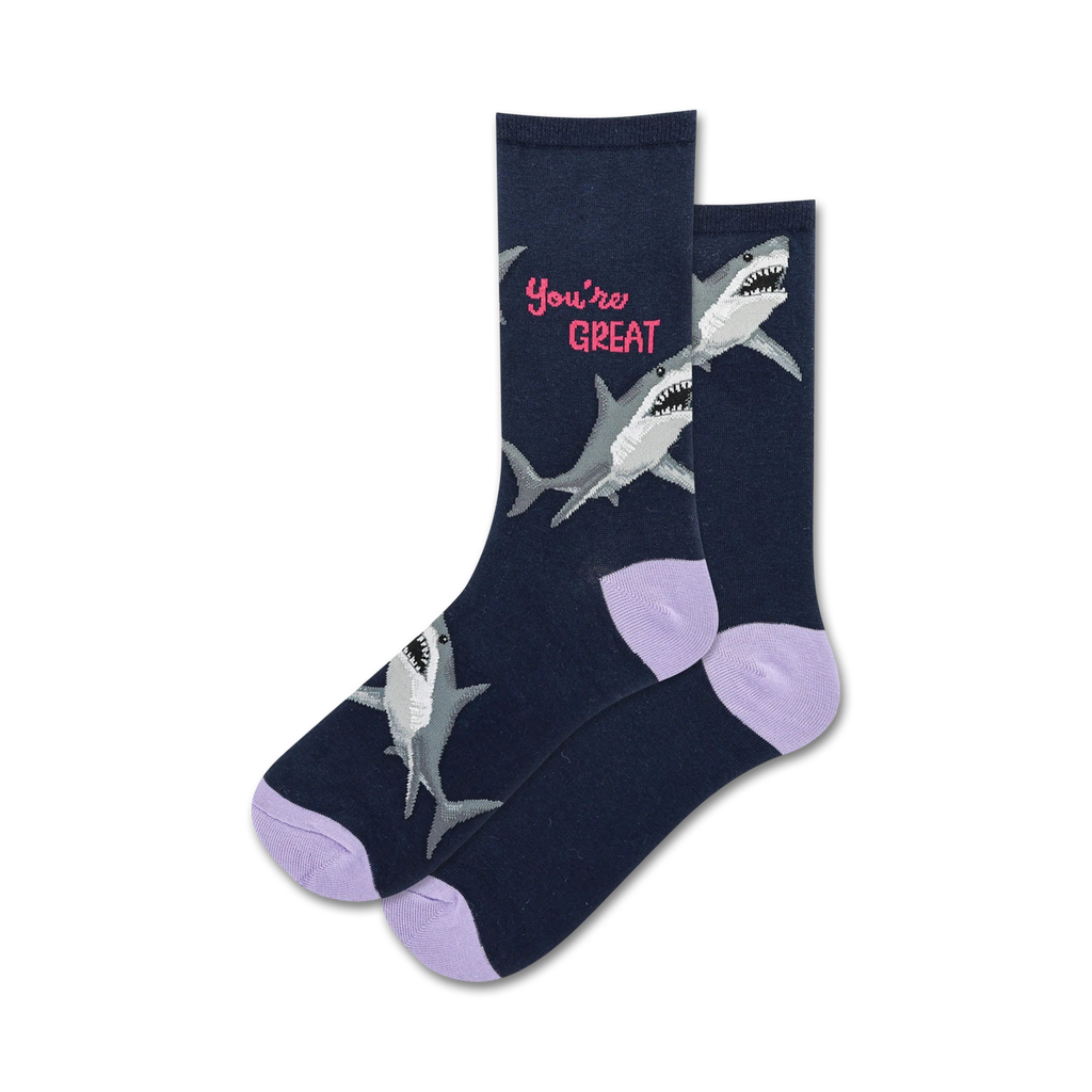 Shark-themed socks with text on a white background