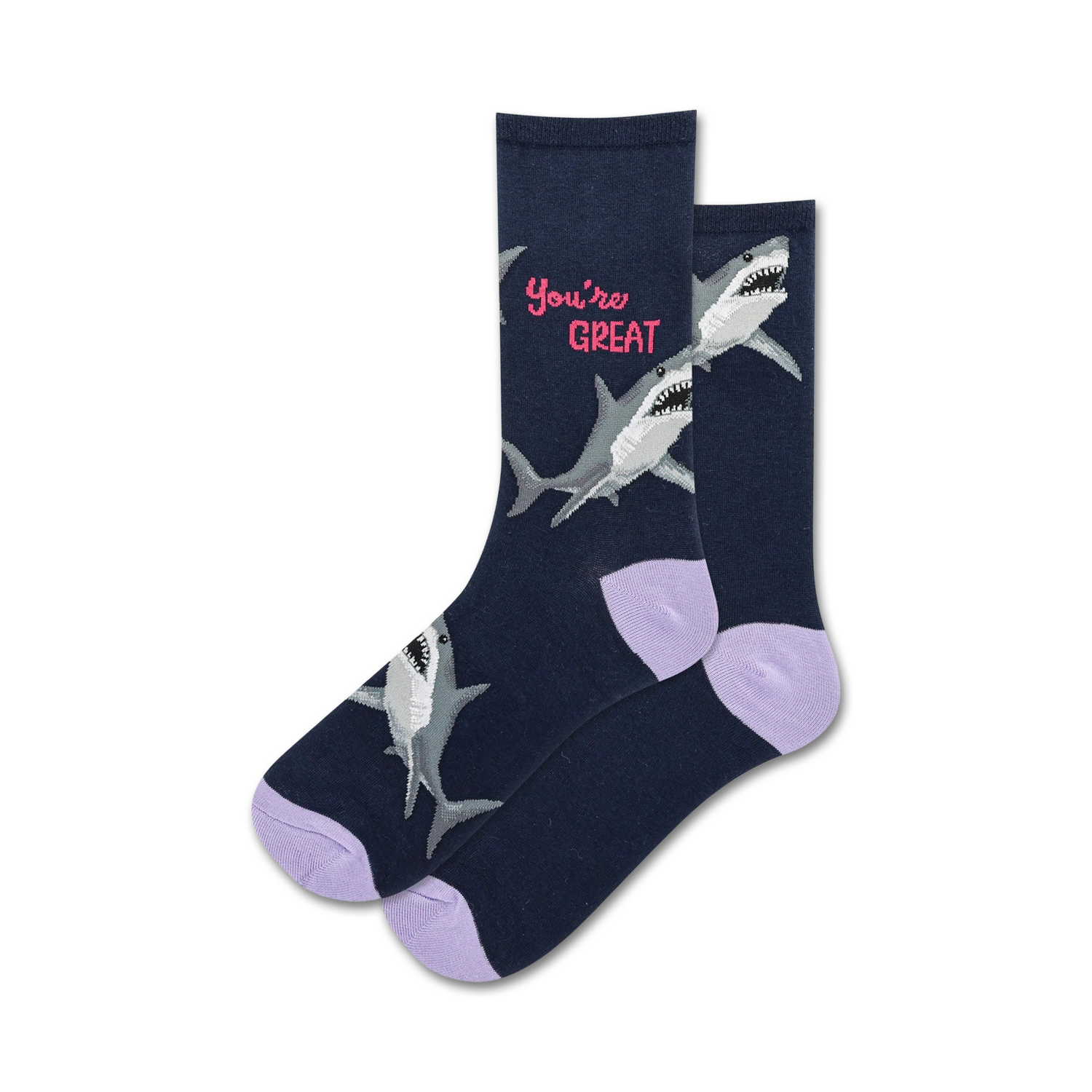 Shark-themed socks with text on a white background