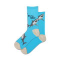 Blue socks with shark design and 'You're Great' text on a white background
