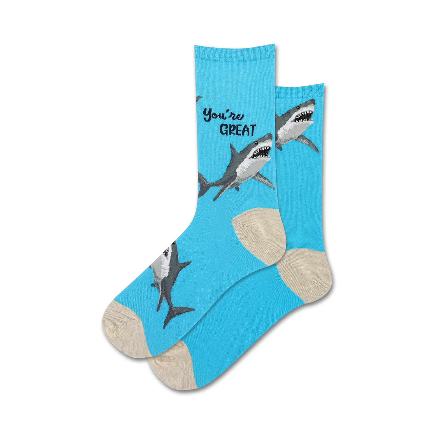 Blue socks with shark design and 'You're Great' text on a white background