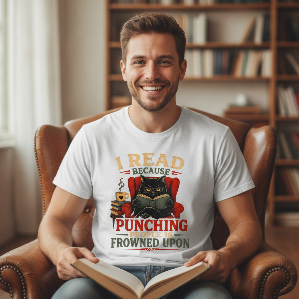 Funny Book Lover T-Shirt, “I Read Because Punching People Is Frowned Upon” Black Cat Tee
