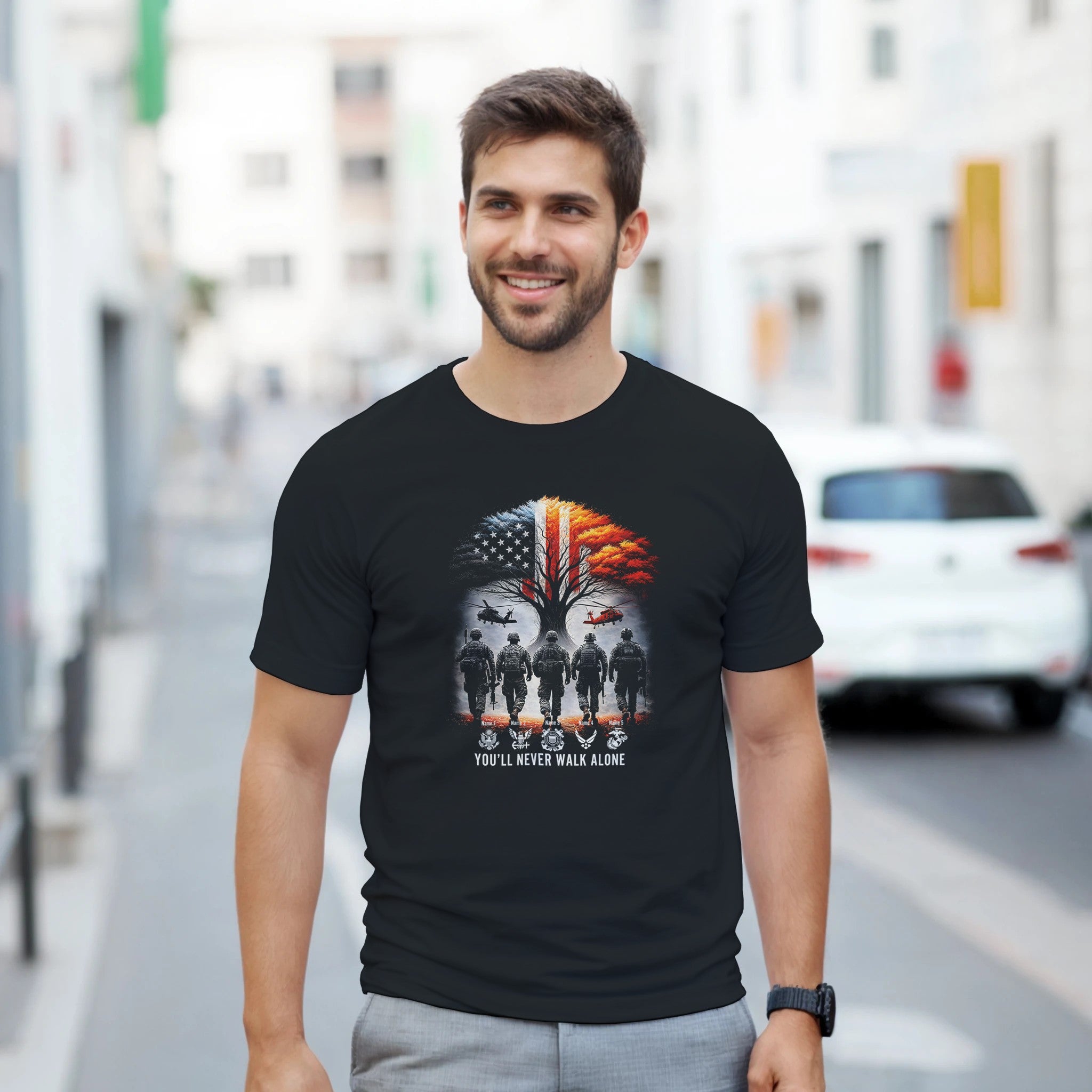 0f46f4ce-1e96-4a26-912b-3a08291a2519 Five soldiers walking towards a tree with an American flag design, helicopters, and text 'You'll Never Walk Alone'.