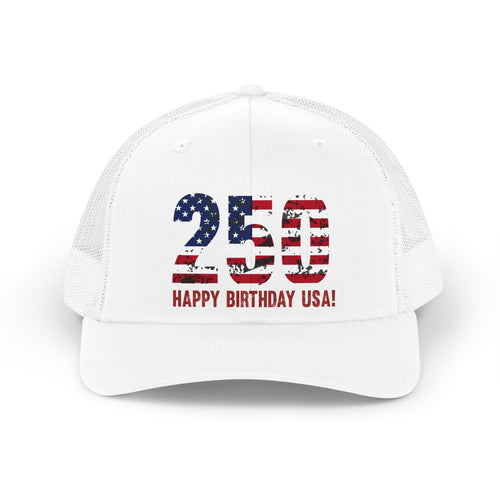 White cap with '250 Happy Birthday USA!' text in American flag design on a white background