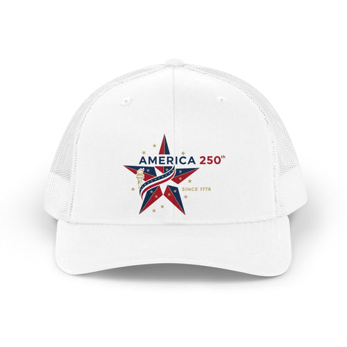 White cap with a red, blue, and white star design and text on a white background