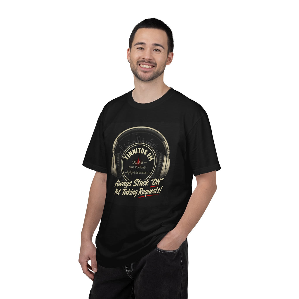 Man wearing a black t-shirt with a Taurus zodiac design on a white background