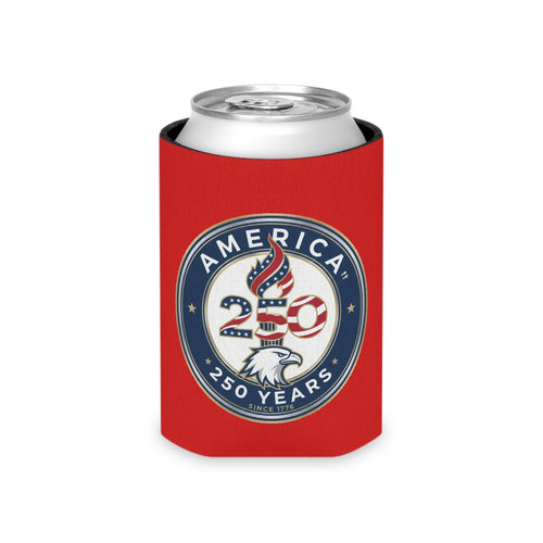 Red can cooler with 'America 250 Years' design on a white background