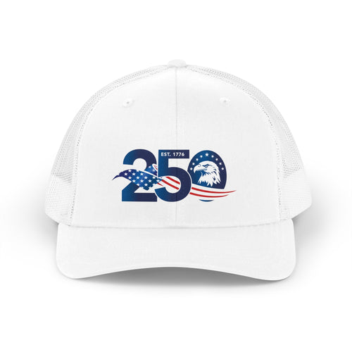 White cap with 250th anniversary design featuring an eagle and American flag on a white background