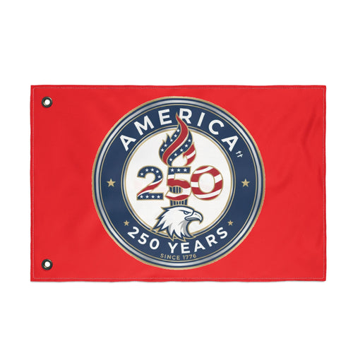 Red flag with 'America 250 Years' emblem featuring an eagle and stars on a white background