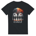 23d84c19-1d4a-49e2-97f6-52131f4b5abb Five soldiers walking towards a tree with an American flag design, helicopters, and text 'You'll Never Walk Alone'.