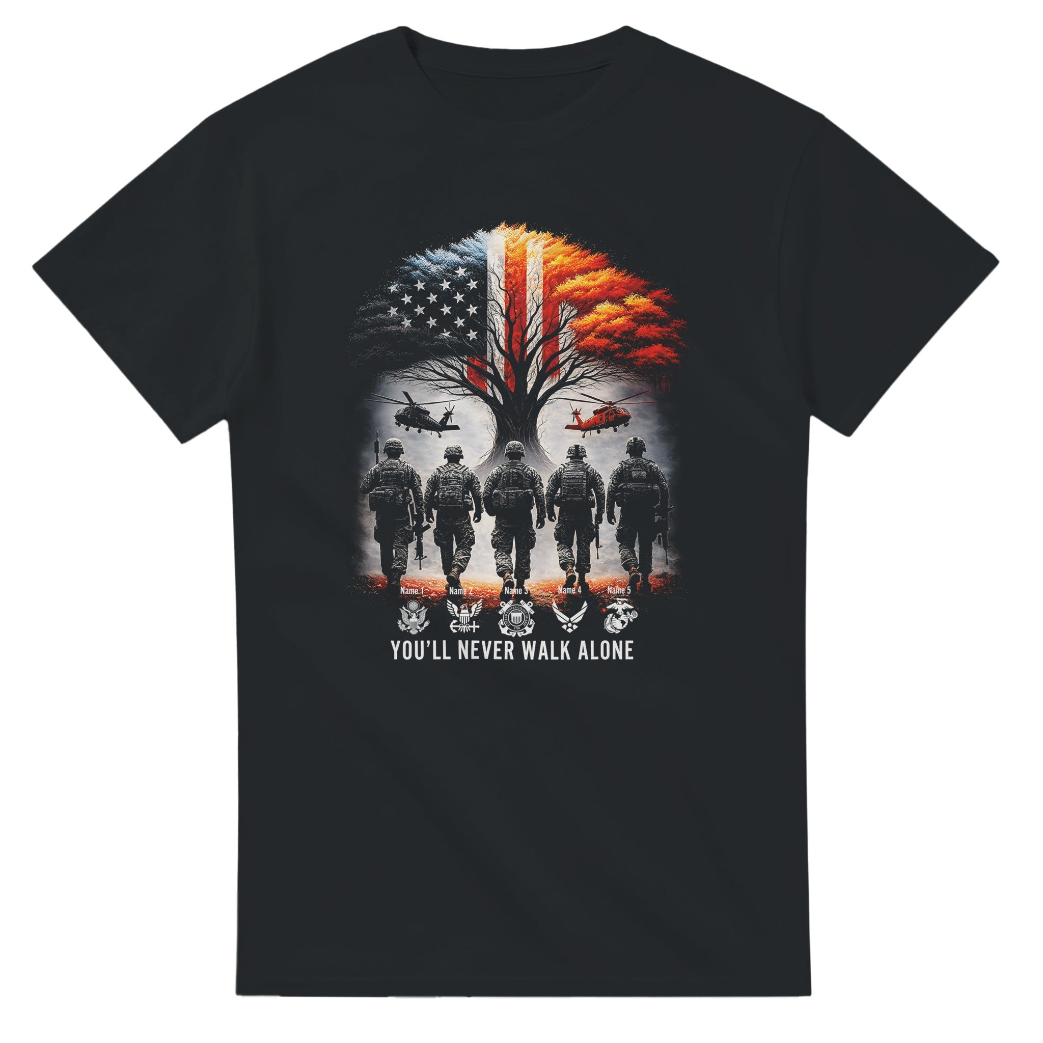 23d84c19-1d4a-49e2-97f6-52131f4b5abb Five soldiers walking towards a tree with an American flag design, helicopters, and text 'You'll Never Walk Alone'.