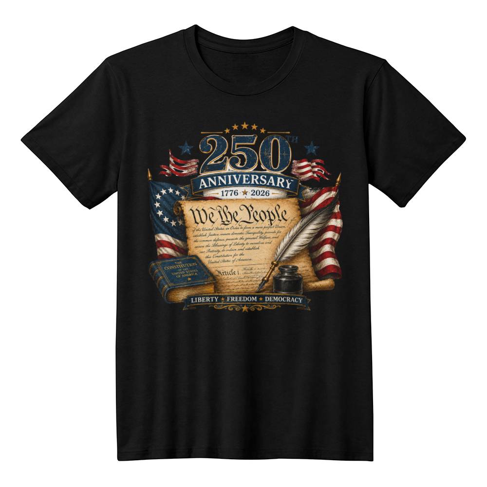 A black short-sleeve crewneck t-shirt featuring a detailed 250th Anniversary graphic on the front. The graphic includes 'We the People' from the US Constitution, American flags, a quill pen, and a book, with the text '250th Anniversary 1776 + 2026' and 'Liberty + Freedom + Democracy'.