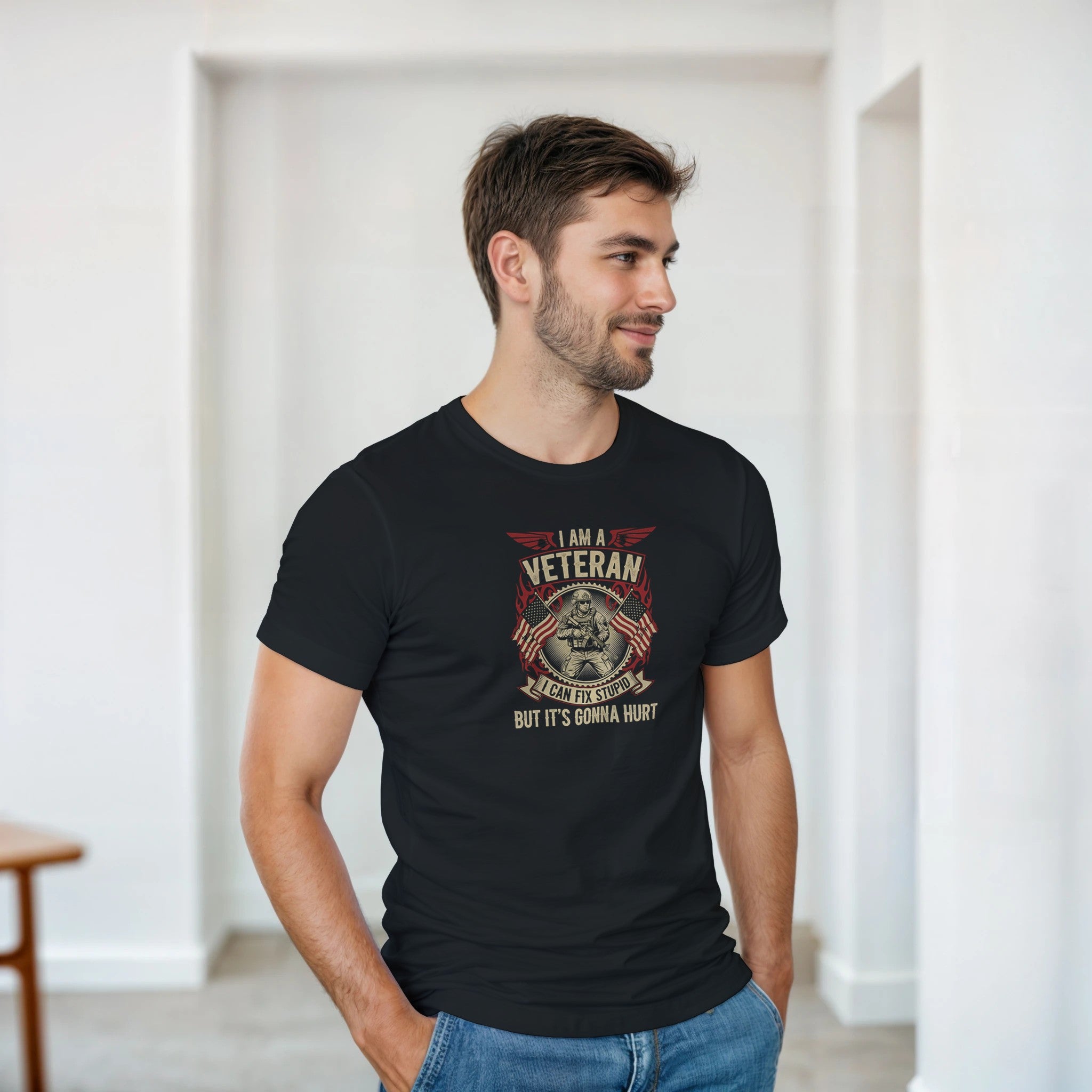 322975c3-ad91-49d0-8dfc-84cdc75a2ccf T-shirt design with a veteran graphic and text on a black background