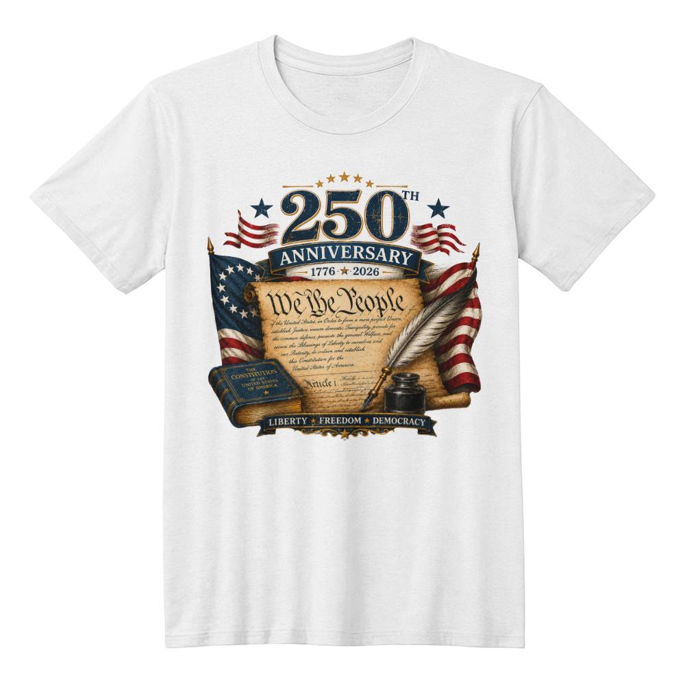 A white short-sleeve crewneck t-shirt featuring a detailed 250th Anniversary graphic on the front. The graphic includes 'We the People' on a parchment scroll, American flags, a quill, an open book, and the text '250th Anniversary 1776-2026'.