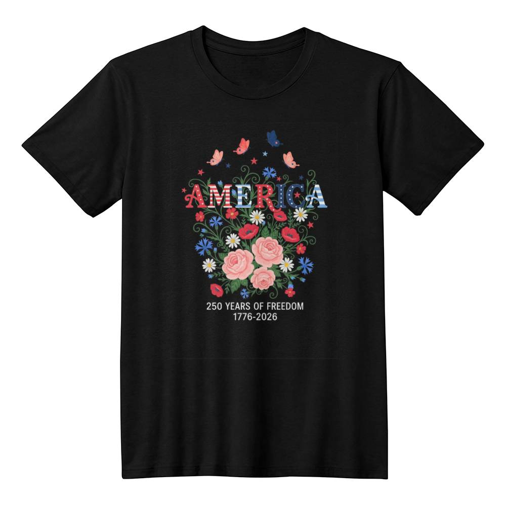 America 250 Years of Freedom Floral Patriotic T-Shirt ,USA Anniversary 1776–2026 Tee