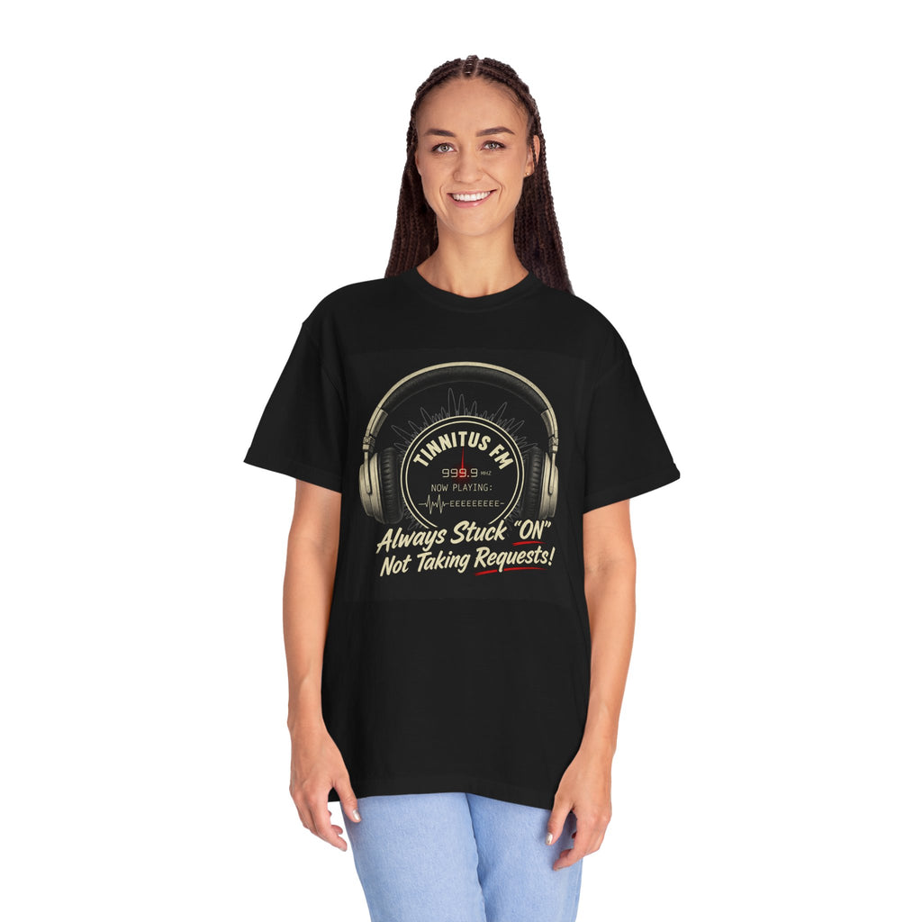 Person wearing a black t-shirt with 'Good stav' design on a white background