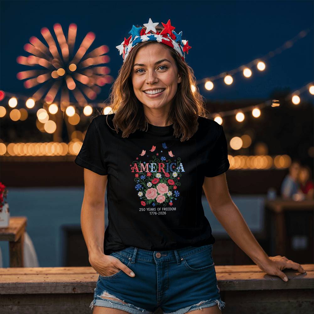 America 250 Years of Freedom Floral Patriotic T-Shirt ,USA Anniversary 1776–2026 Tee