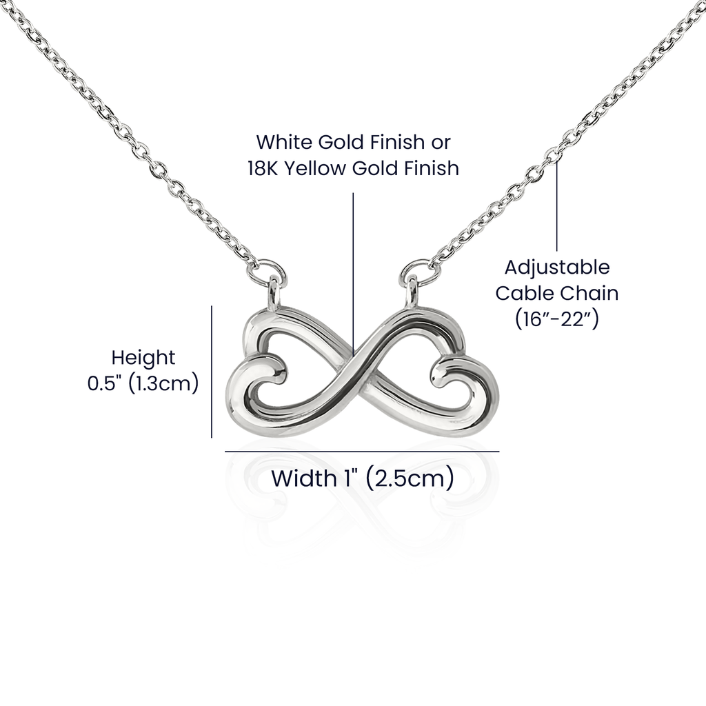 Silver infinity necklace with gold finish options on a white background