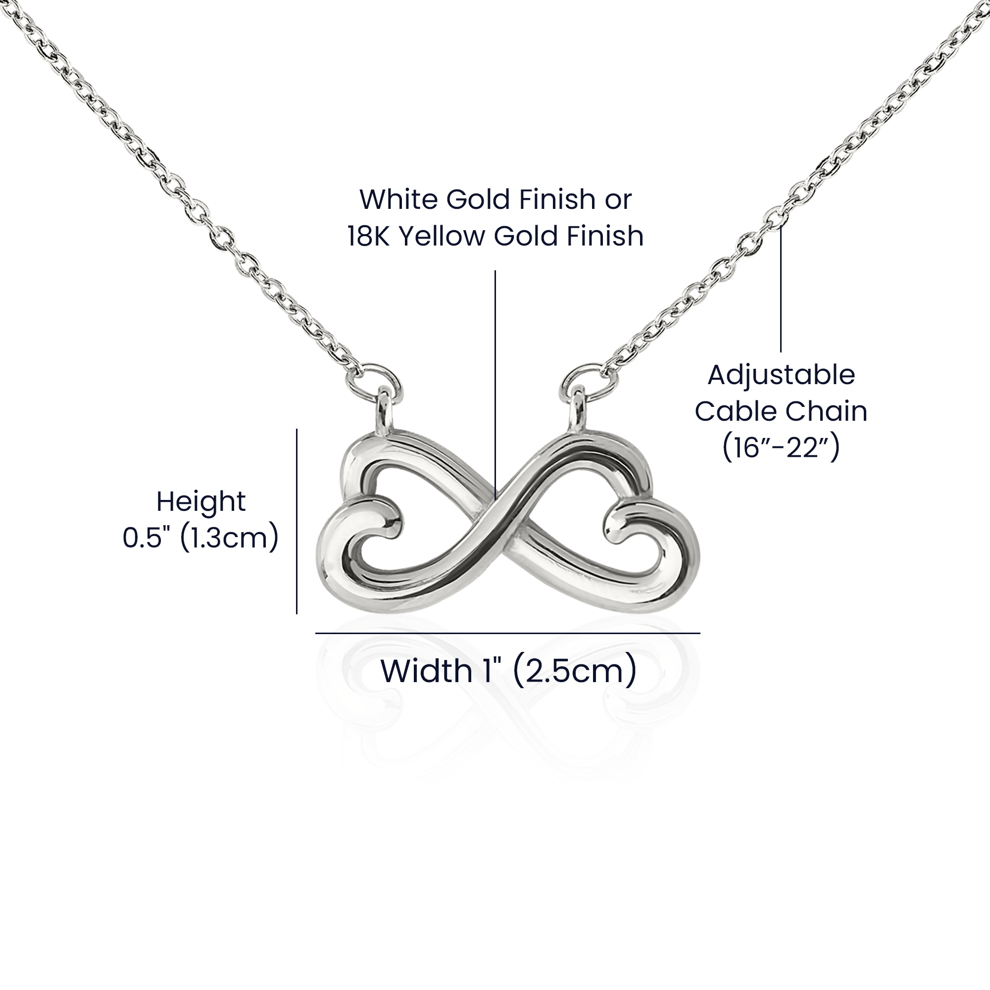 Silver infinity necklace with gold finish options on a white background