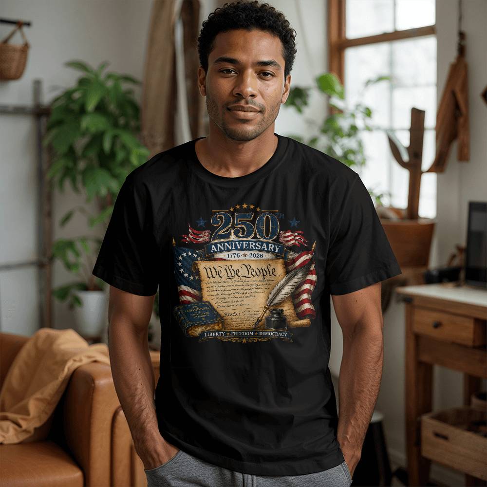 A man wearing a black graphic t-shirt with a '250 Anniversary We the People' design, standing in a cozy, softly-lit living room with plants and wooden furniture in the background.