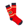 Red socks with a logo and K. Bell branding on a white background