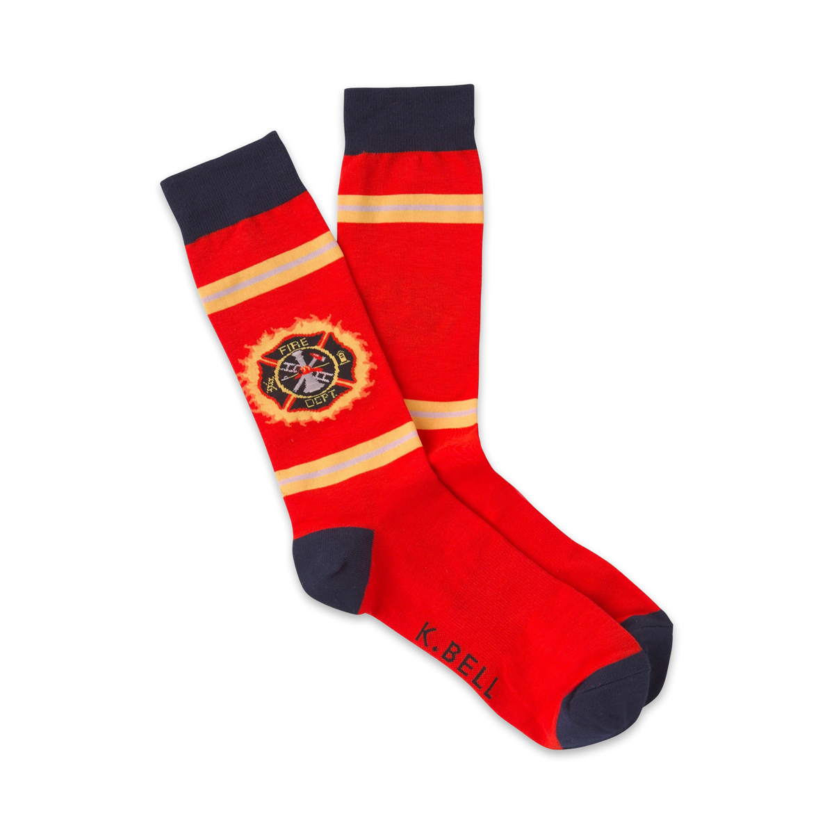Red socks with a logo and K. Bell branding on a white background