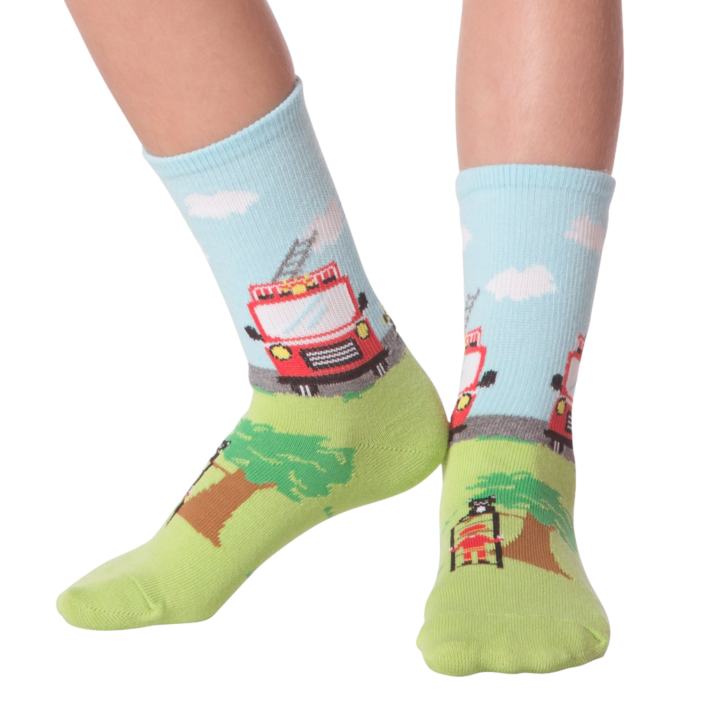 Colorful socks with a fire truck design on a white background