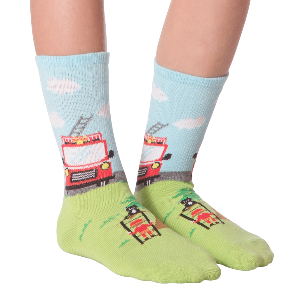 Colorful socks with fire truck design on a white background