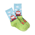 Green socks with fire truck design on a light blue background