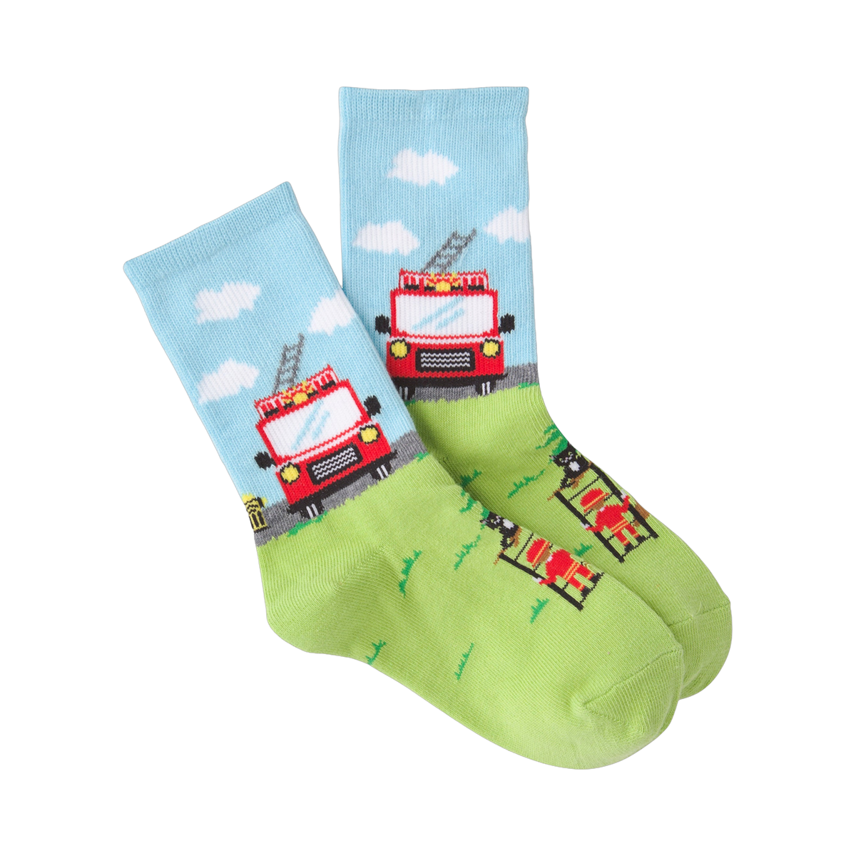 Green socks with fire truck design on a light blue background