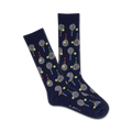Navy socks with tennis racket and ball pattern on a white background