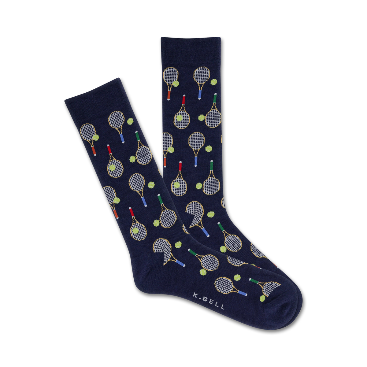 Navy socks with tennis racket and ball pattern on a white background