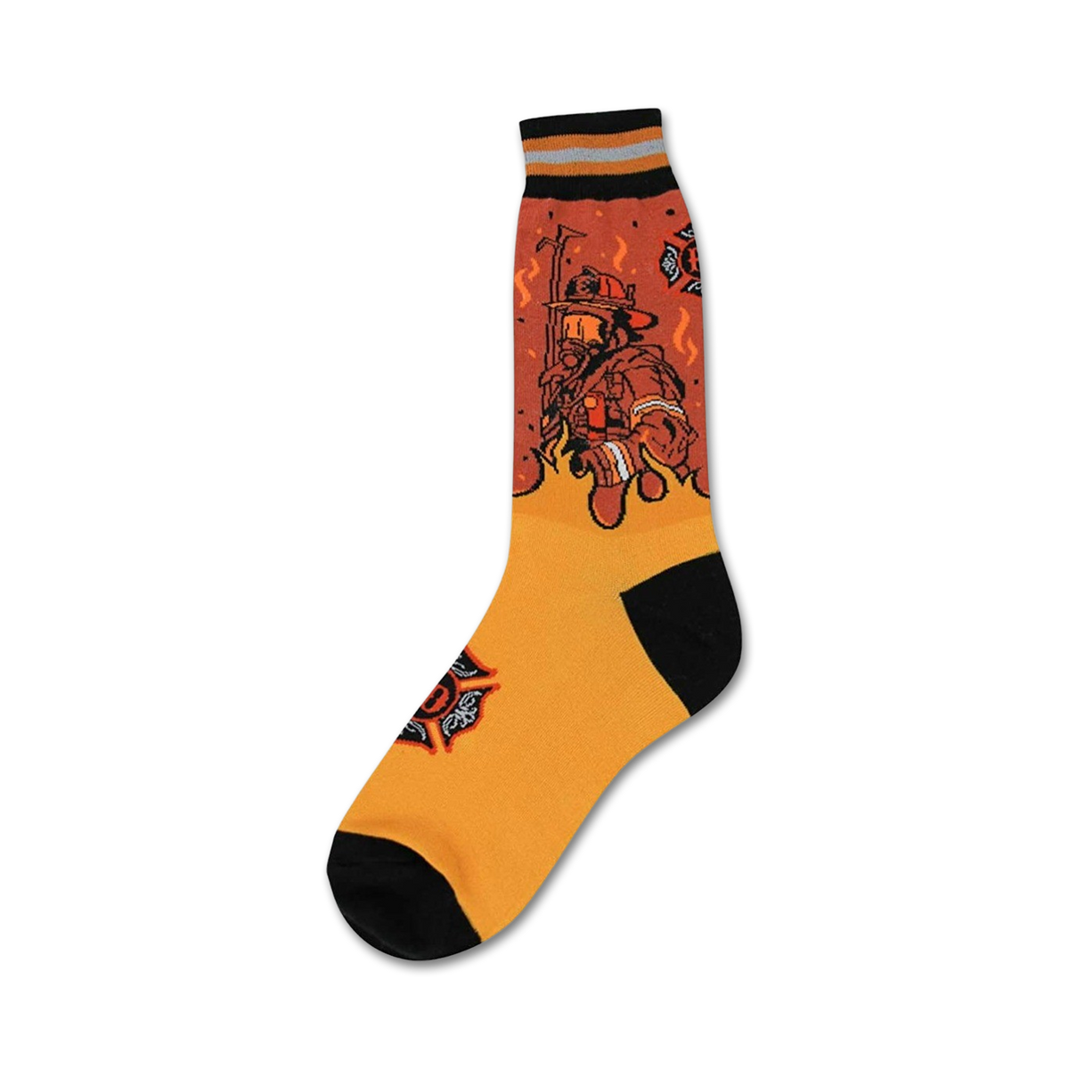 Orange sock with a graphic design on a white background