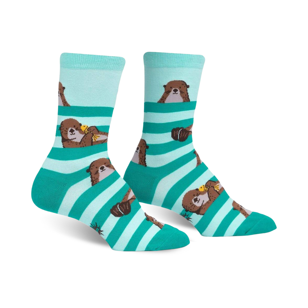 Teal and white striped socks with bear illustrations on a white background