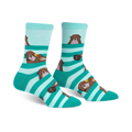 Teal and white striped socks with bear illustrations on a white background
