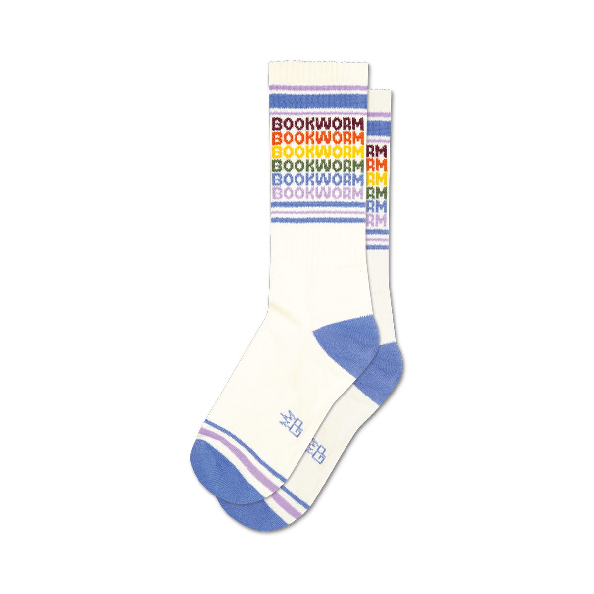 White socks with colorful 'Bookworm' text and blue accents on a white background