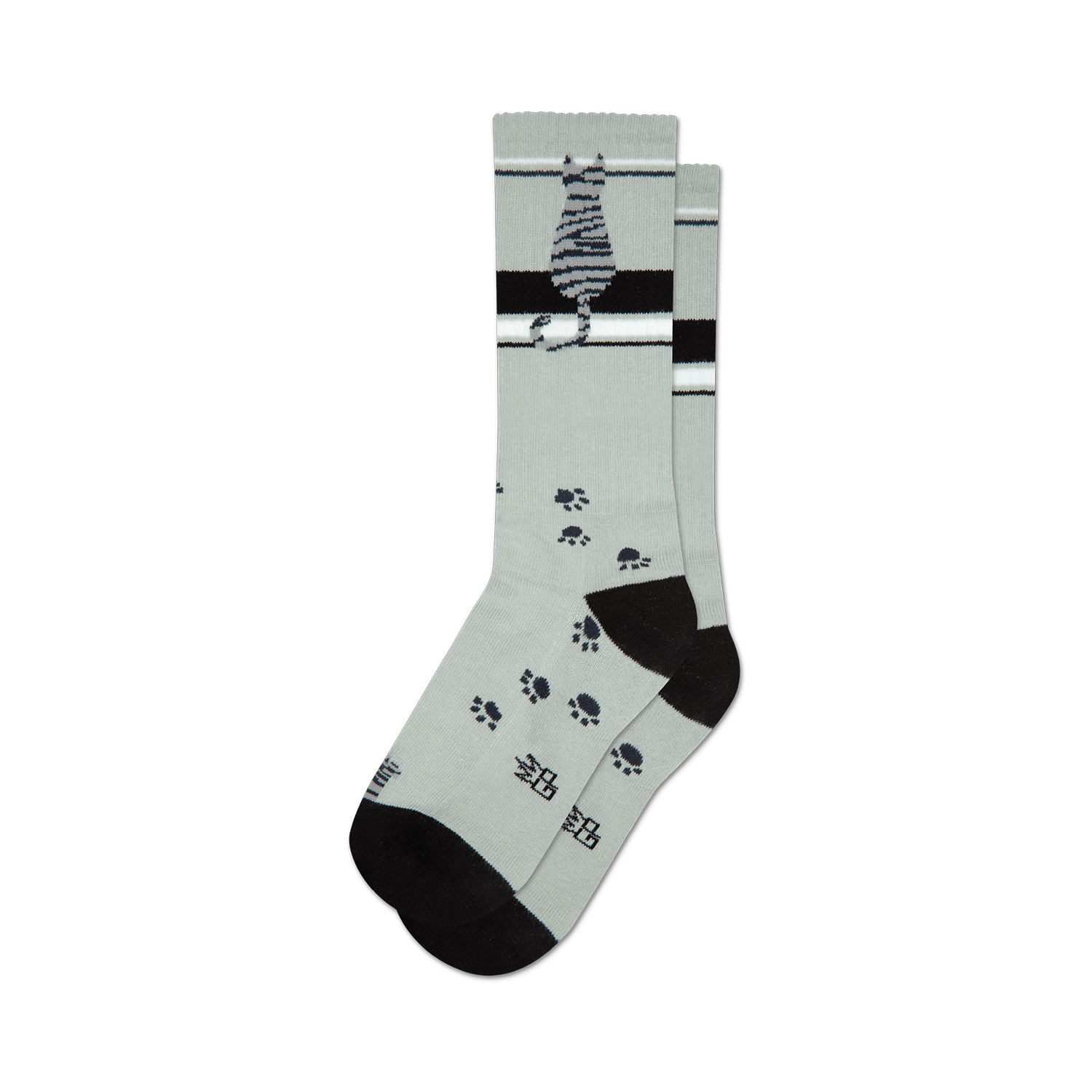 Socks, Sitting Gray Tabby Cat, Paw Prints, Crew Length