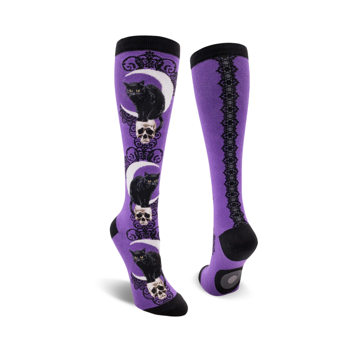 Purple knee-high socks with black cat and skull design on a white background