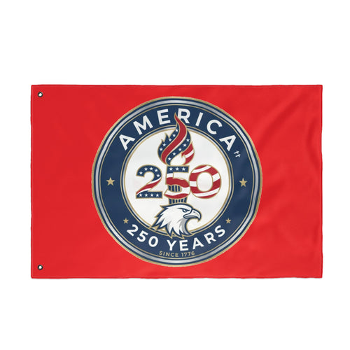 Red flag with 'America 250 Years' emblem featuring an eagle and stars on a white background