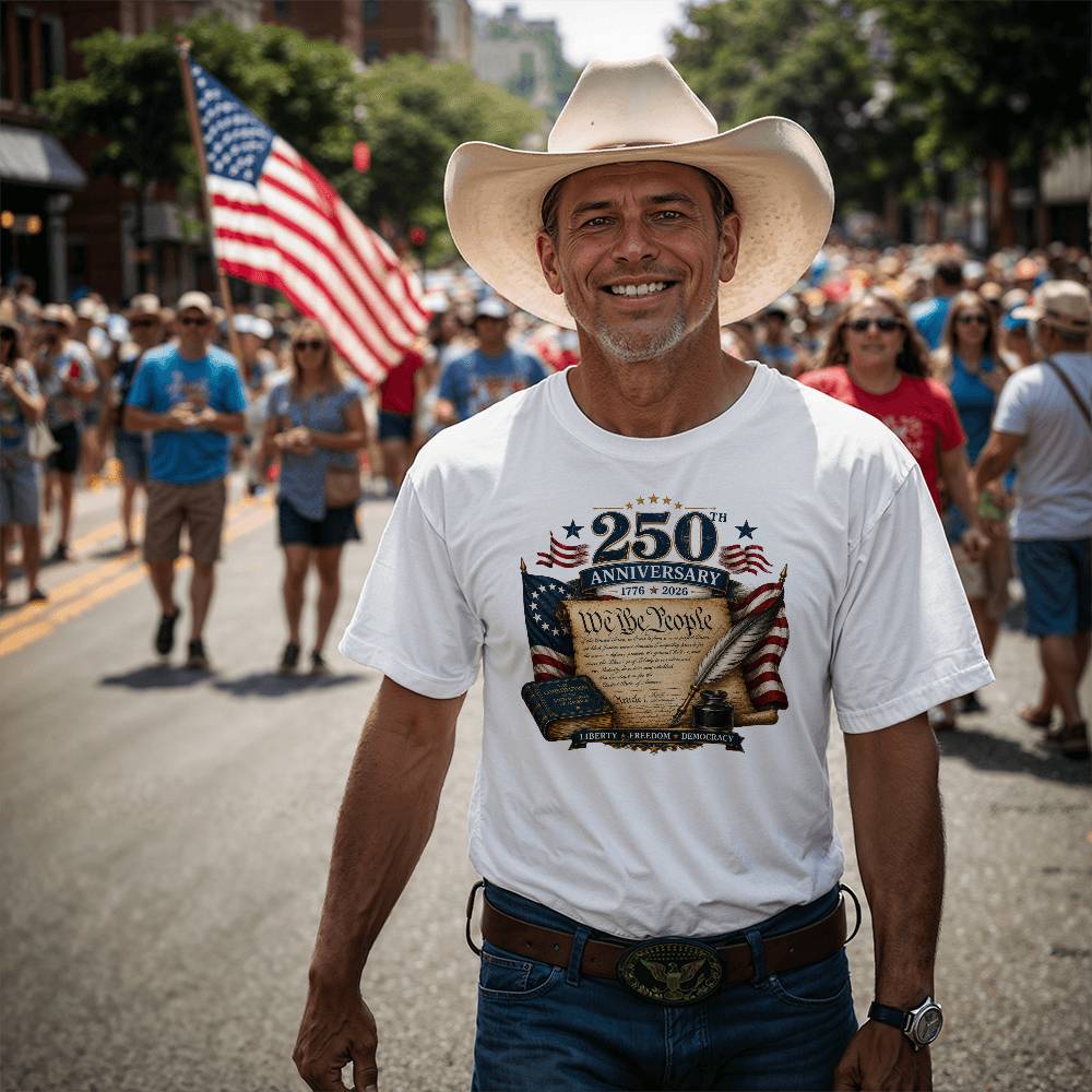 A smiling man in a white cowboy hat and white graphic T-shirt stands in a crowded outdoor parade street. The shirt graphic reads '250th Anniversary' with an American flag and parchment design.