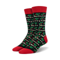 Christmas-themed socks with red cuffs and toes on a white background