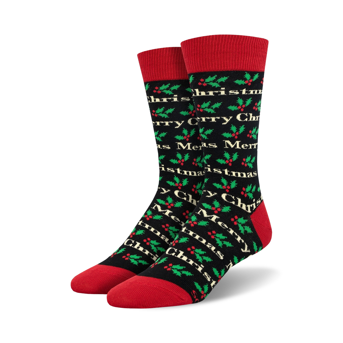 Christmas-themed socks with red cuffs and toes on a white background