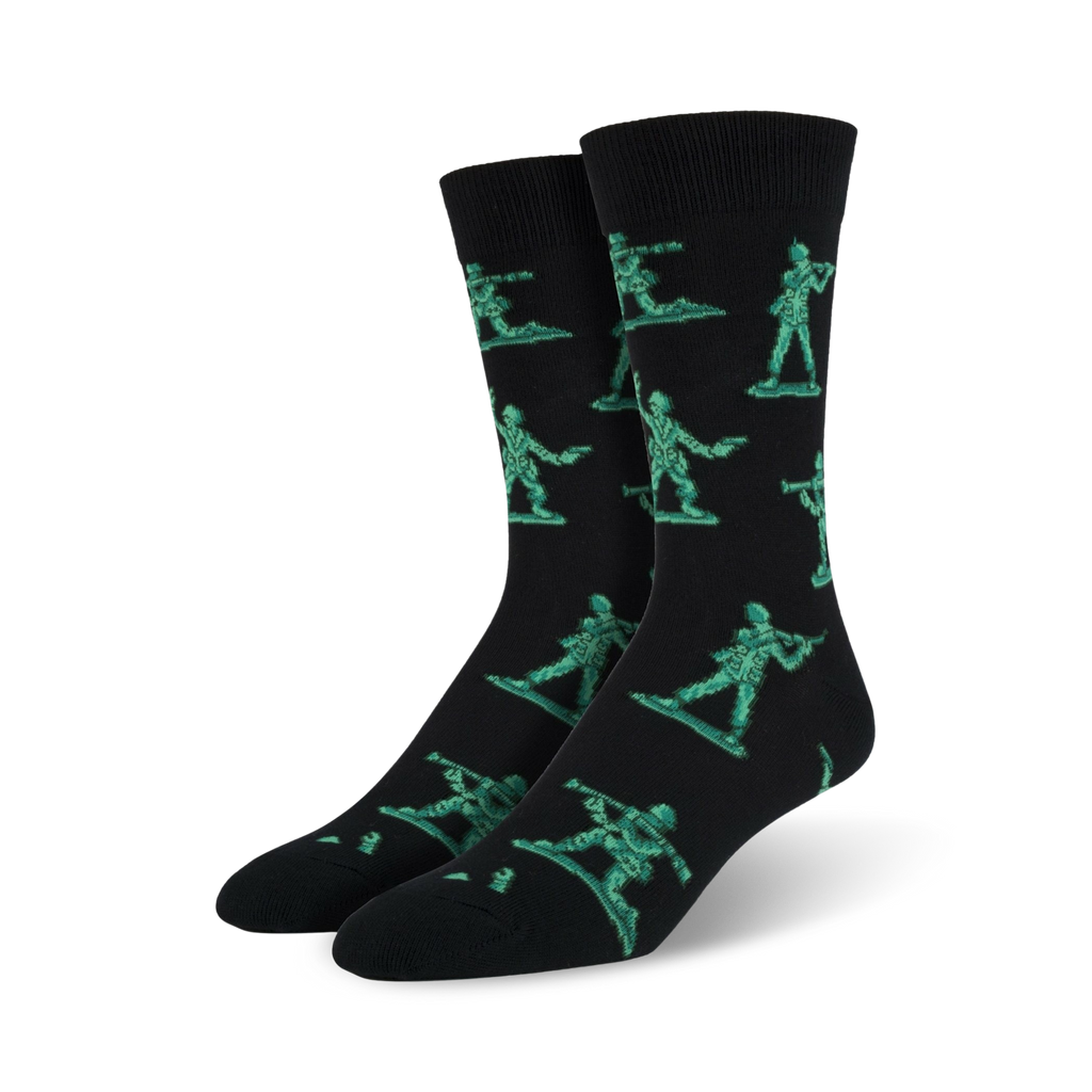 Black socks with green soldier patterns on a white background