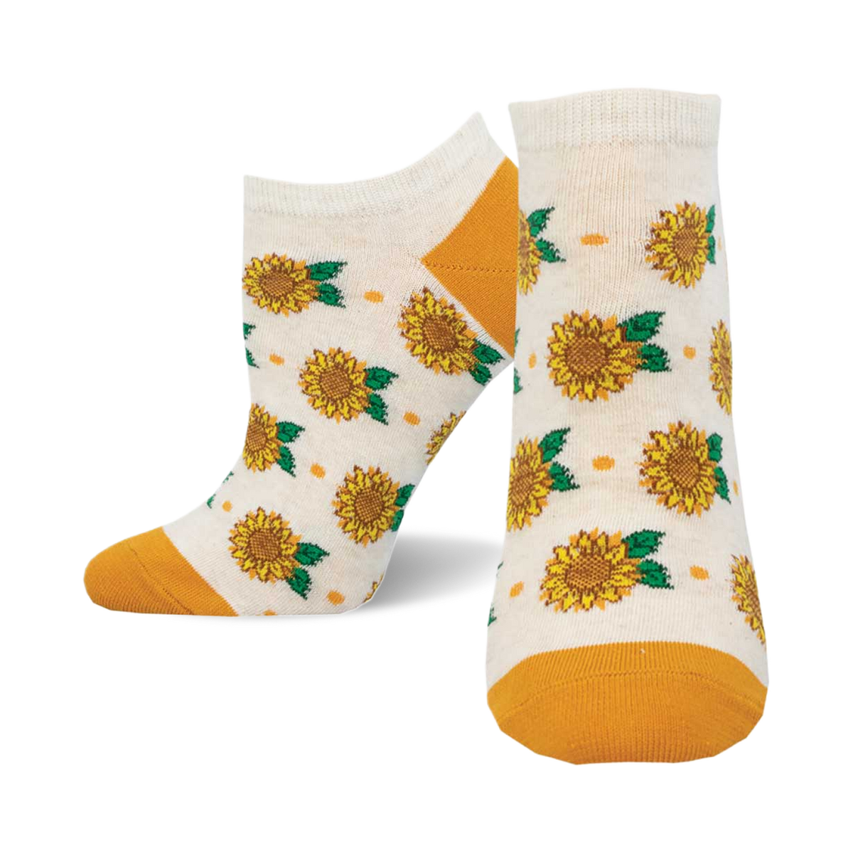 Pair of socks with sunflower pattern on a white background