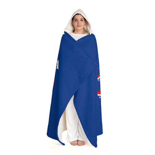 Person wearing a blue cape with a logo on a white background
