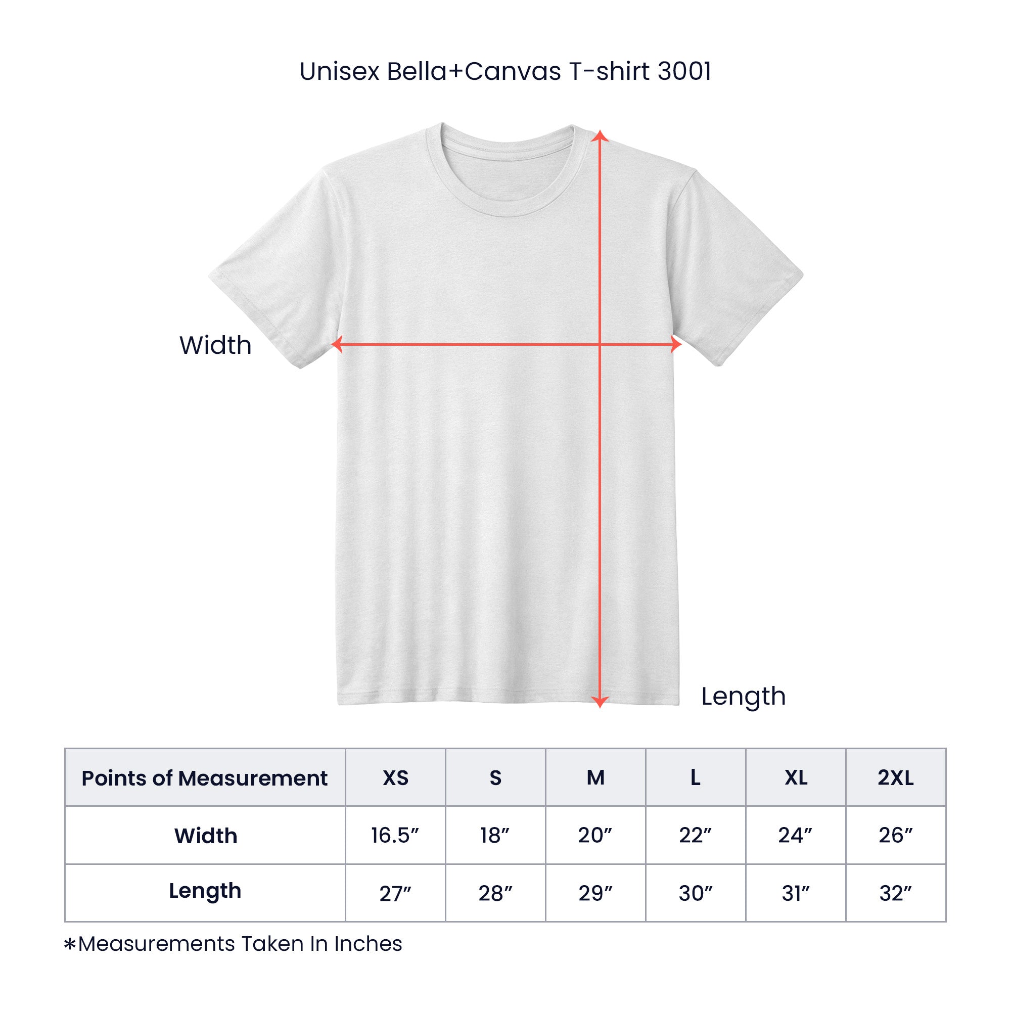 White t-shirt with measurement chart on a white background